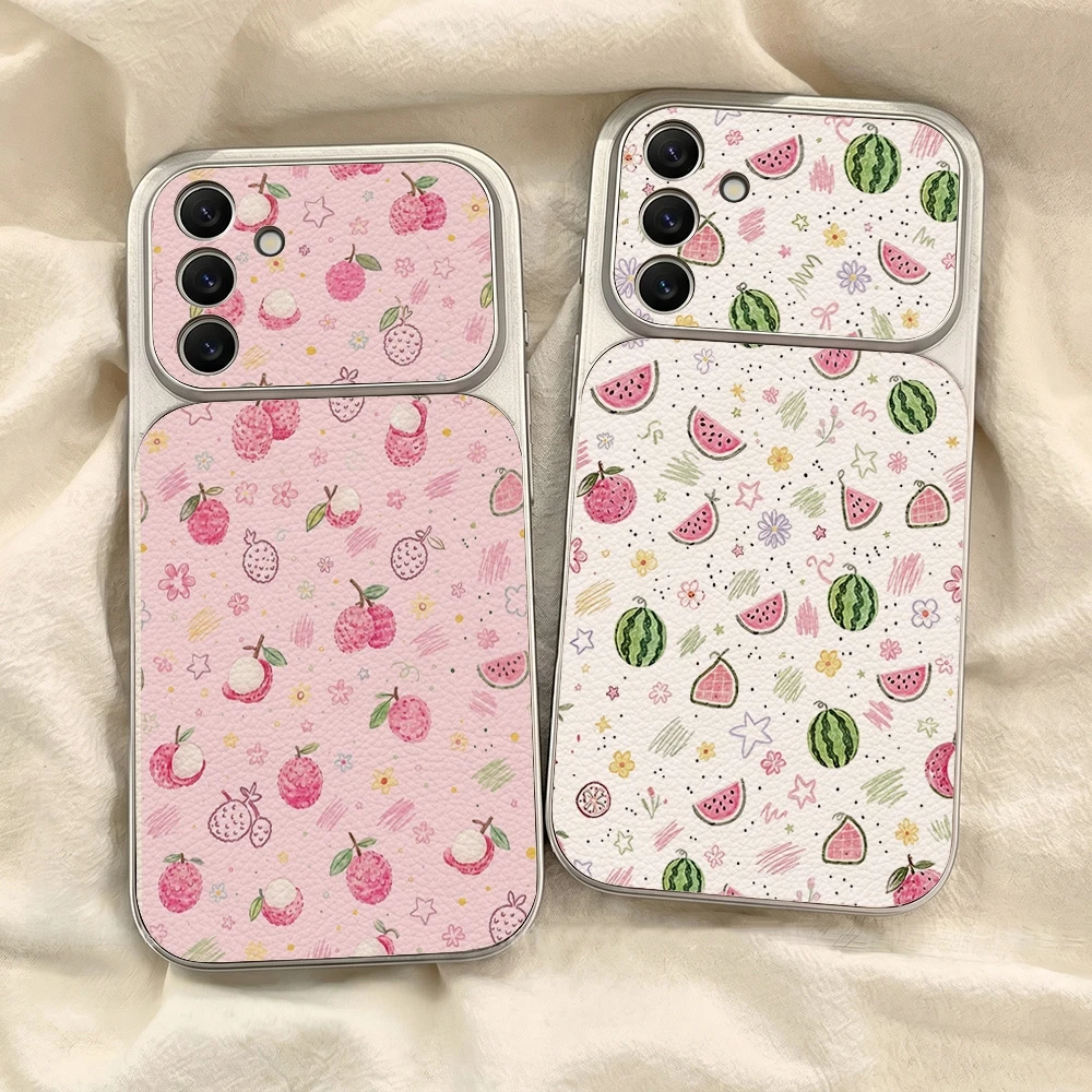 Lychee Watermelon Pattern Phone Case For Samsung S26 Ultra Faux Leather S26 Plus S25 S24 S23 Ultra A56 A36 A16 A14 TPU Back Case