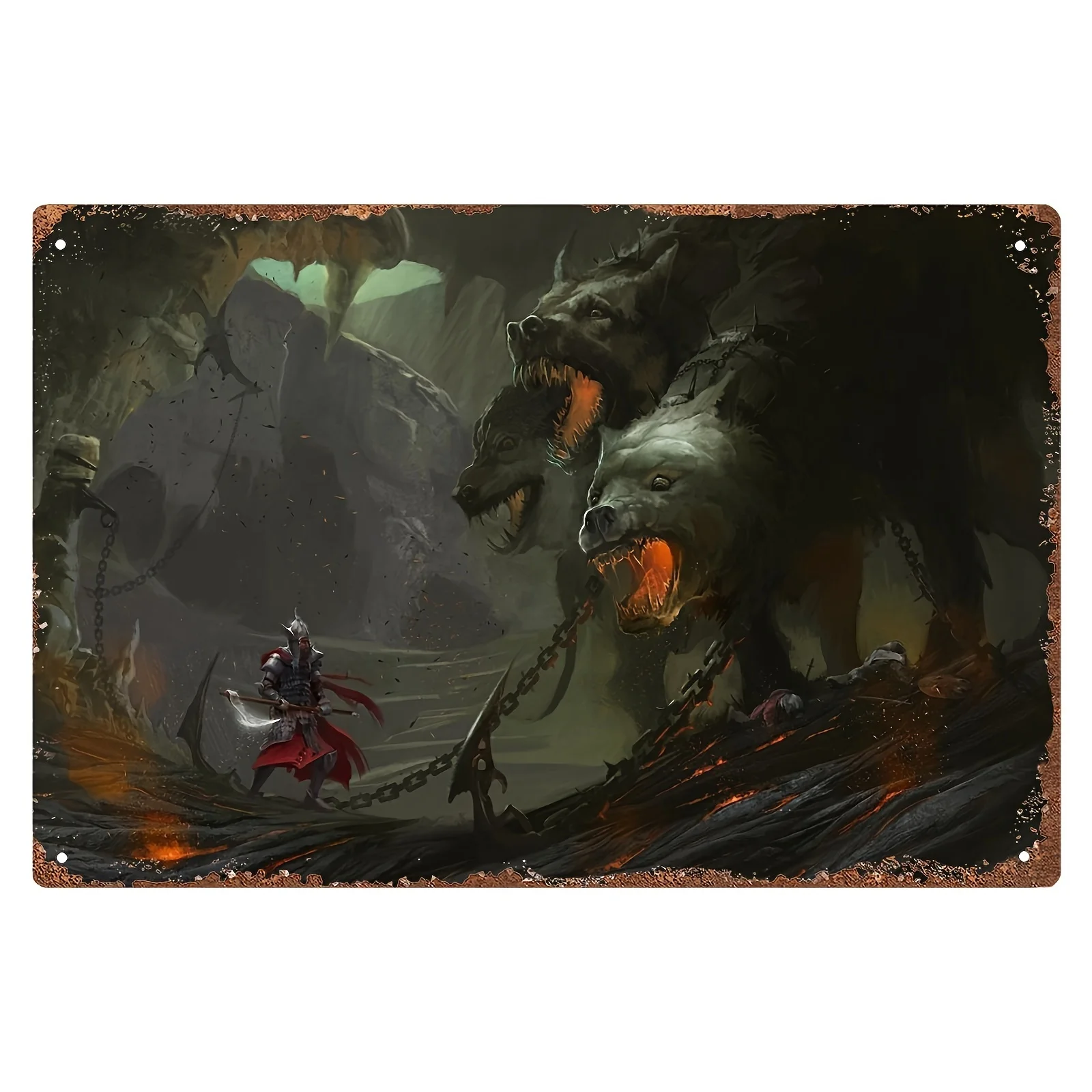 Heroic vs. Monstrous Beasts -  Iron Wall Art, Dramatic Fantasy Battle Scene with Fiery Background, Home Decor for Living Room or