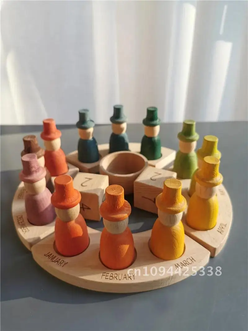 New Wooden Toys Beech Rainbow Calendar Peg Dolls Together Wizard Figurines Stacking Blocks for Kids