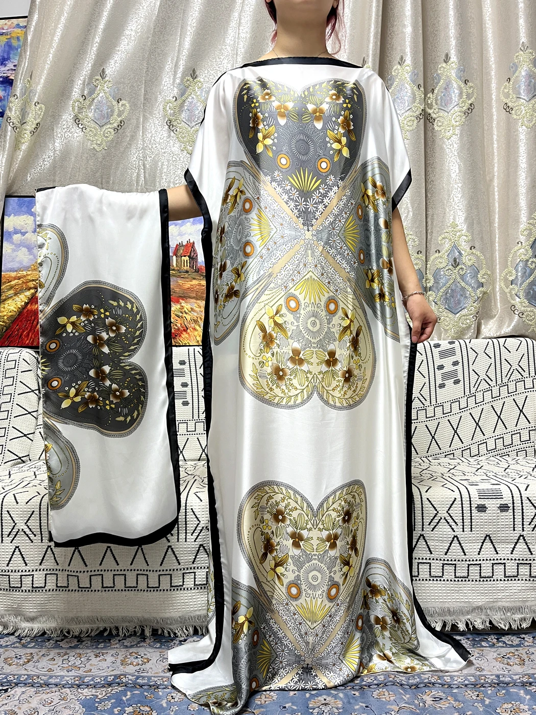 Abayas cetim de seda estampado para mulheres, robe feminino solto, vestidos de noite macios com cinto, turbante elegante para festa, africano e