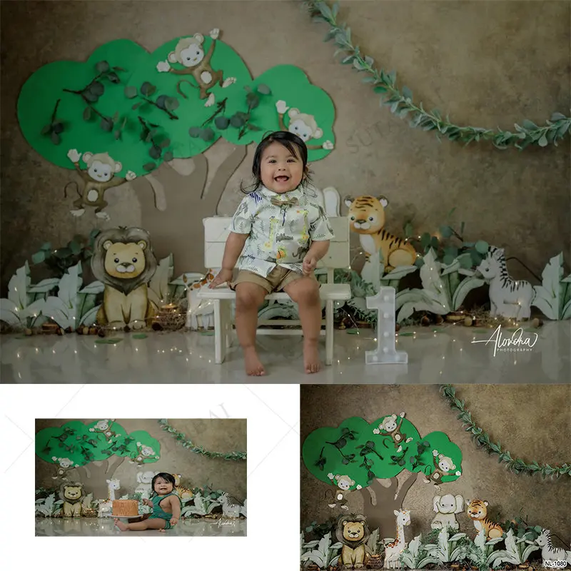 

Tropical Jungle Safari Animal 1st Birthday Party Backdrops Wild One Baby Shower Customized Photographic Cake Smash Background