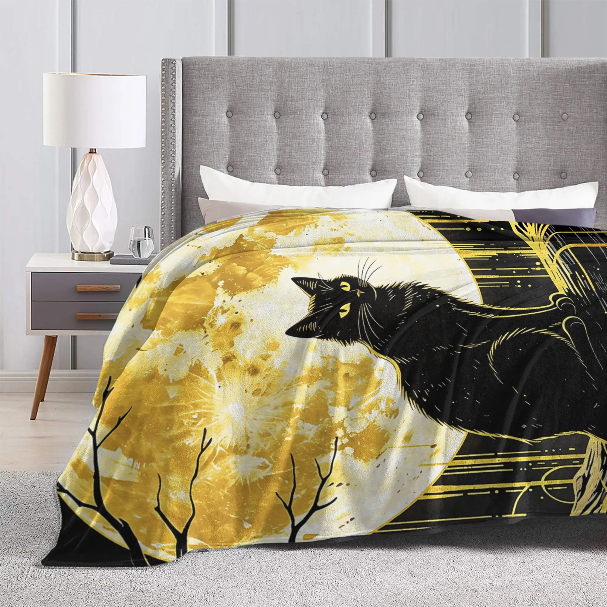 Halloween Black Cats Flannel Throw Blanket Moon Gothic Mystical Blanket for Bed Car Warm Plush Thin Quilt