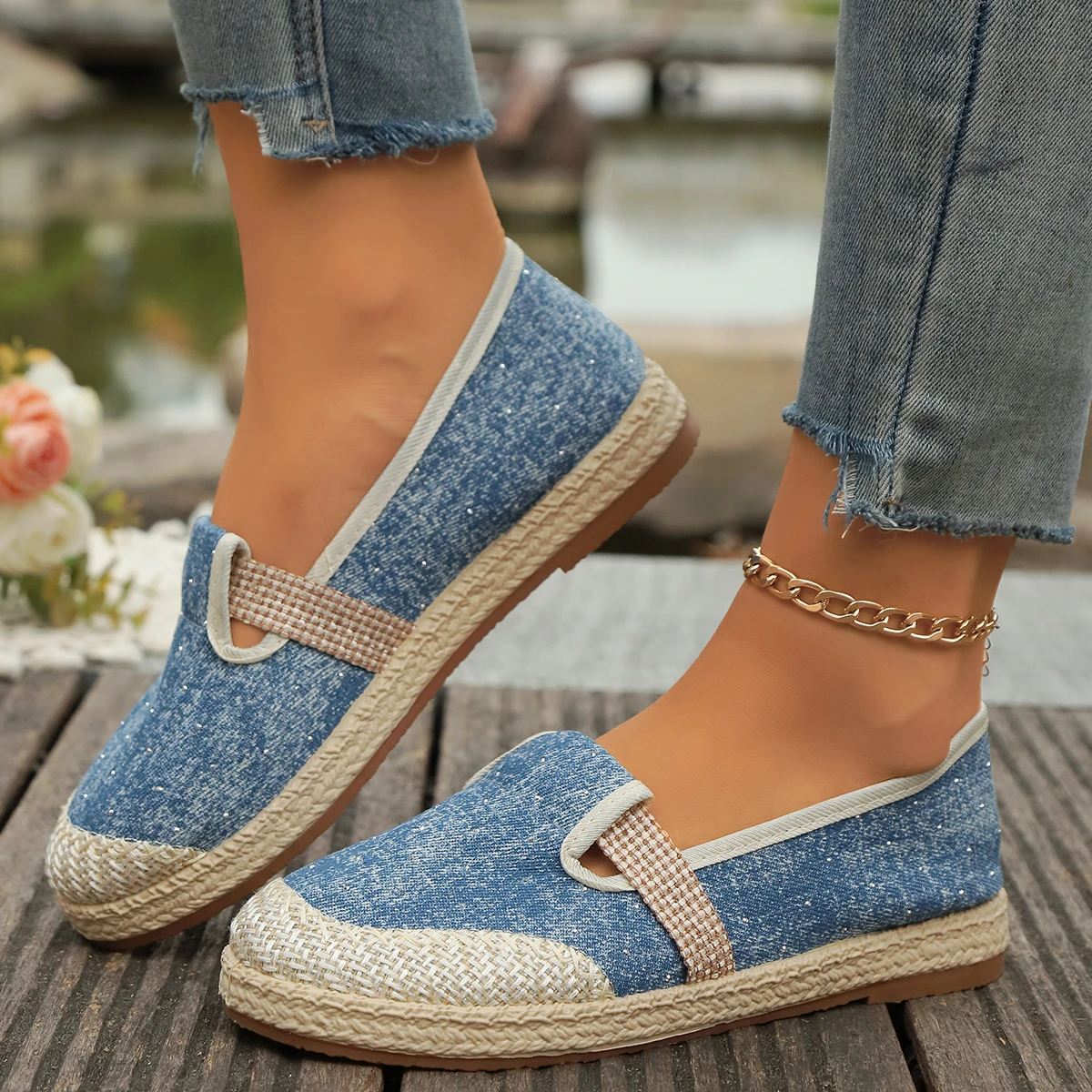 Mocasines planos de lona de lino a rayas para mujer, mocasines informales cómodos de estilo vegano, color gris y azul, novedad de 2024