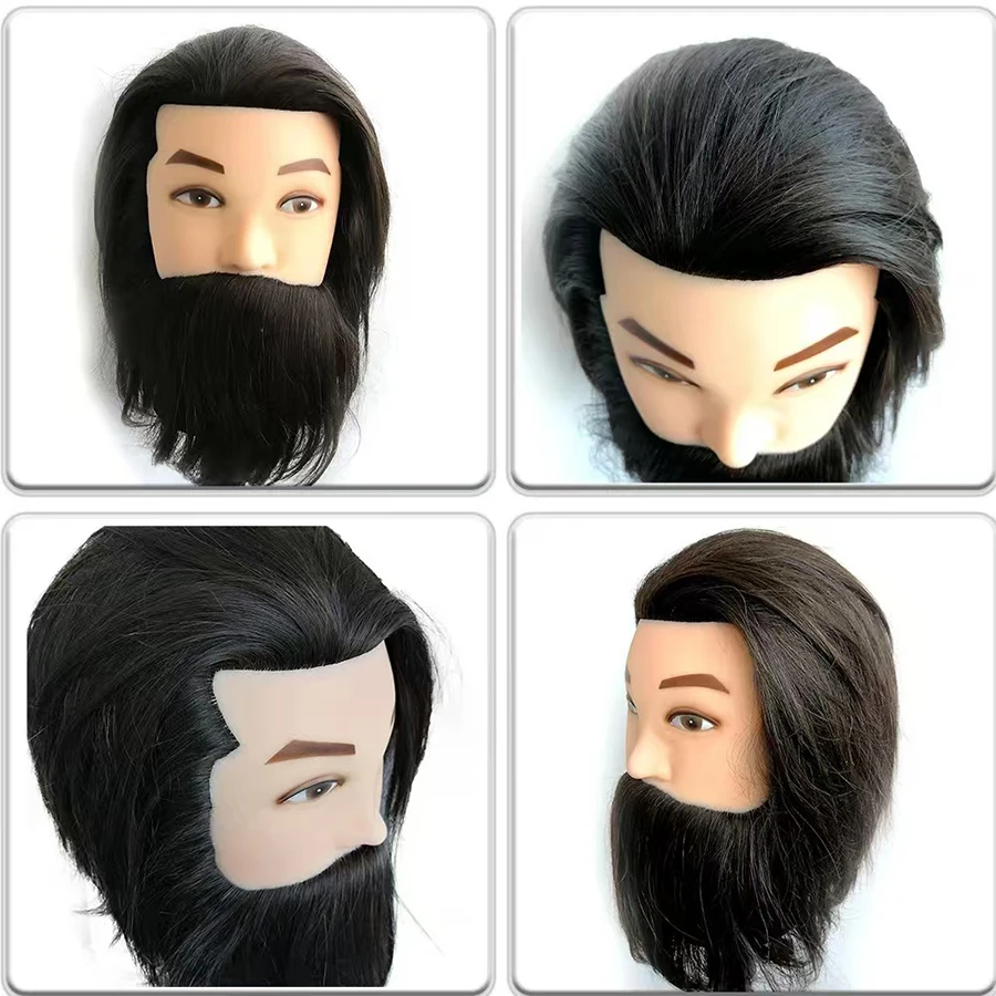 Male Real Hair Model with Beard Beauty And Hairdressing Training Head Styling Model with Desktop Stand for Professional Practice