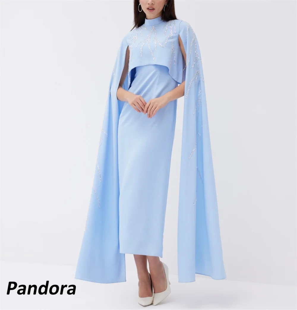 

Pandora Sky Blue Ankle-length Evening Gown High Neck Beaded Long Long Cape Sleeves A-Line Women's wedding Banquet Party Dress