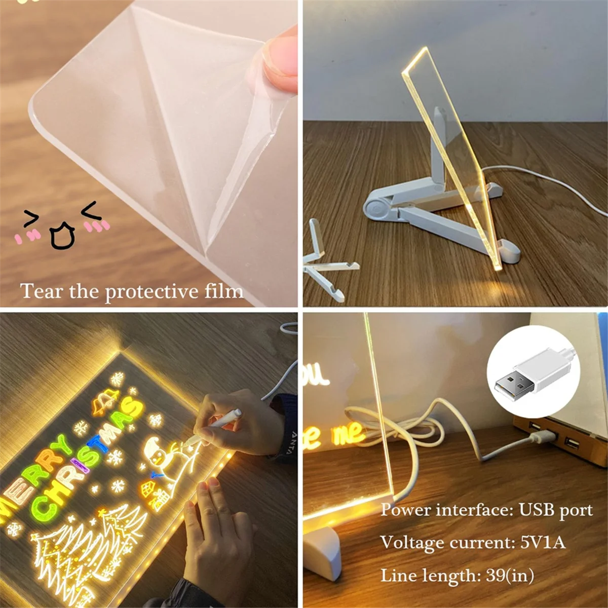 

X09AAcrylic Dry Erase Board with LED Light, Dry Erase Board with Stand As A Memo Letter Message Board,Glowing Acrylic Board