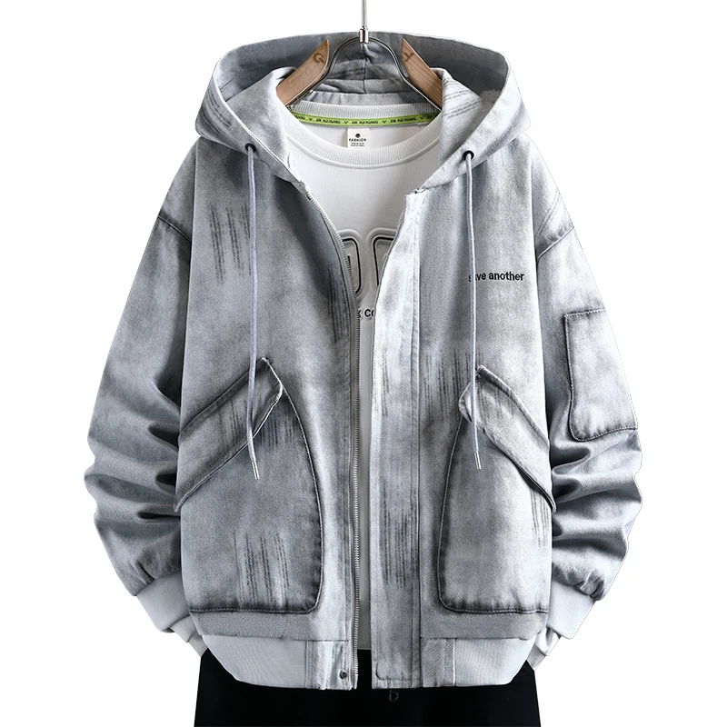 

Men's Fashionable Denim Jacket - Cotton Blend Hooded Pullover Relaxed Fit with Ribbed Trims Casual Denim Wear for Daily Outfits