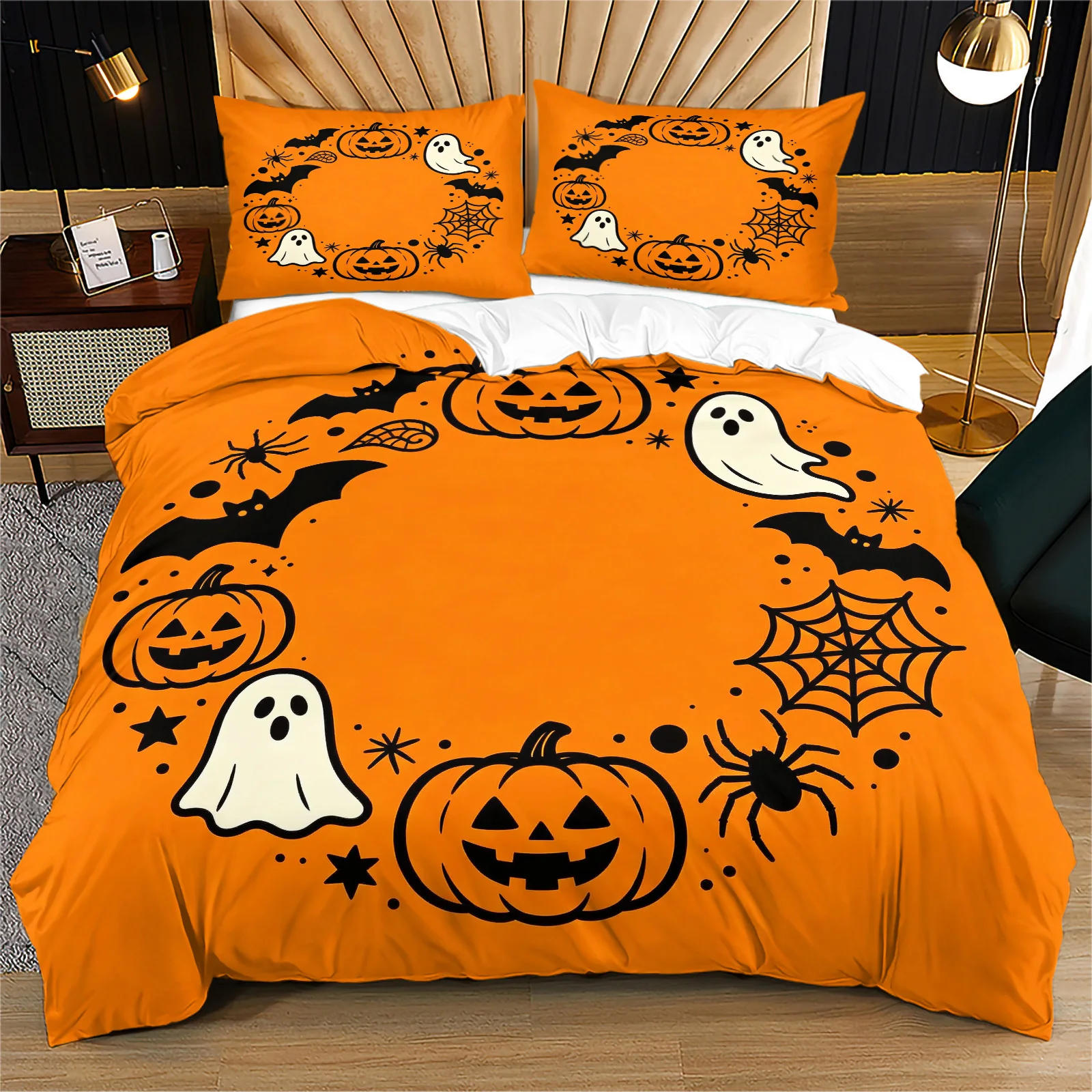 Duvet Cover Sets With Zipper - طقم غطاء لحاف برتقالي للهالوين بطبعة