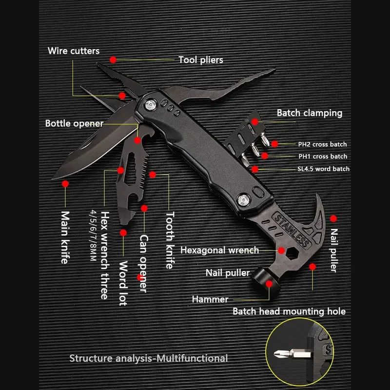 مفتاح ربط مطرقة قابل للطي متعدد الوظائف من الفولاذ المقاوم للصدأ في الهواء الطلق مطرقة الماعز أداة طوارئ تركيب النجارة للتخييم #2