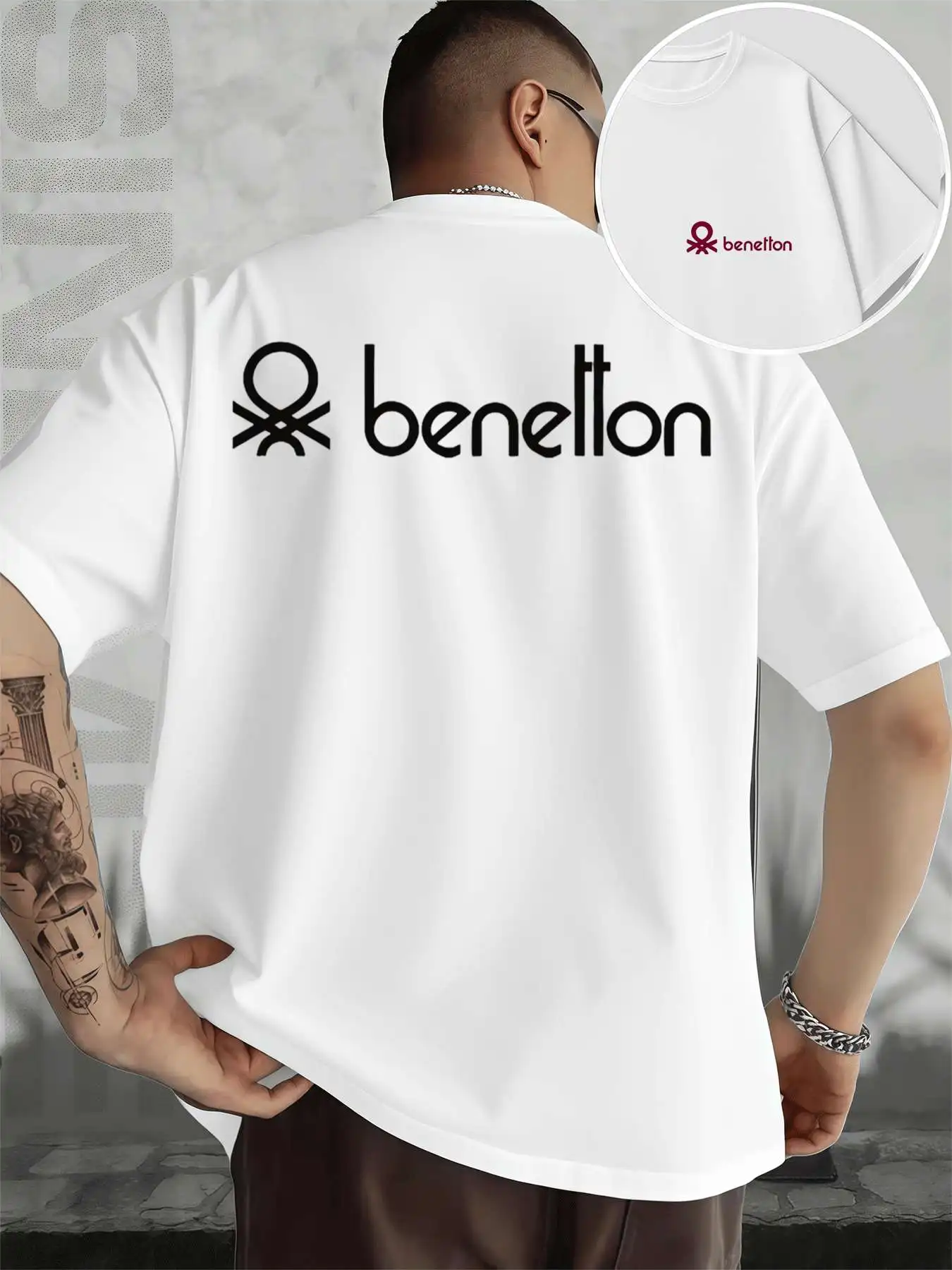 

Мужская футболка Benetton, повседневная мужская футболка с двусторонним принтом, модная повседневная футболка с круглым вырезом, 220 г/м2, из чистого хлопка