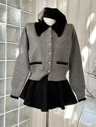 2023 Autumn Grey Cardigan Turn-Down Collar Pullover Soft Female Casual Y2k Long Sleeve Knitted Sweater Japanese Fashion Outwear