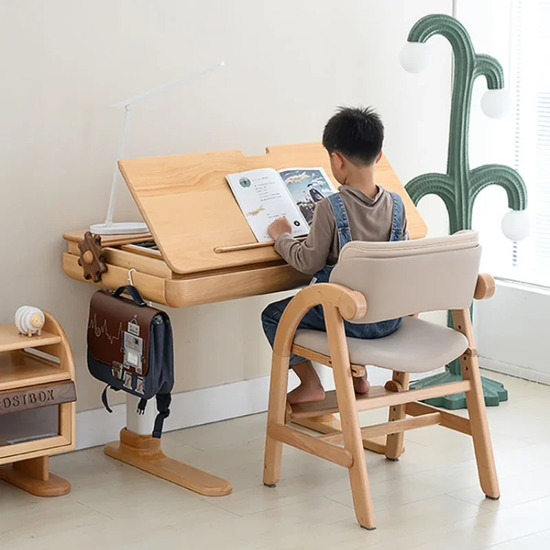 

Mechanical desk, beech children's lifting study table, solid wood hand lifting multi-function