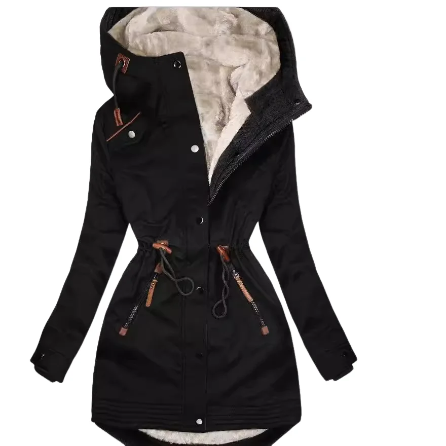 

Spring and Autumn Winter Leisure Commuting Warm Wool Collar Zipper Long Sleeve Slim Fit Coat Hoodie Cotton Coat for Women
