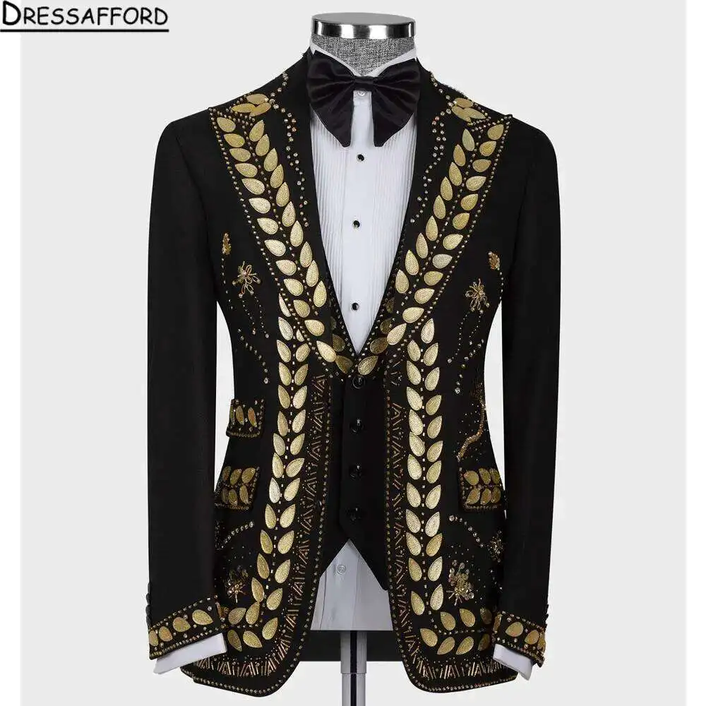 Luxury 3 Pieces Set Men's Suits Beaded Crystals Notched Lapel Formal Party Prom Tuxedo Wedding Groom