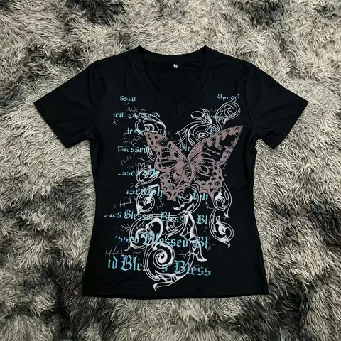 Y2k short sleeved Gothic T-shirt Emo top street wear Grunge T-shirt 2000s clothing for teenagers, girls, women, summer retro pat