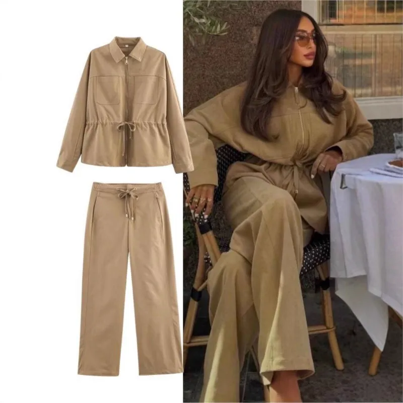 Elegante Revers-Reißverschlussjacken + Hosen mit Kordelzug, 2-teiliges Set für Damen, Herbst, lässige Mode, Streetwear, einfarbiges Set