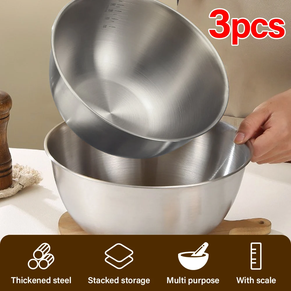 3Pcs Cooking Bowl Set 700ml+1300ml+3000ml Stainless Steel Mixing Bowl Kit Serving Bowl for Kitchen/Baking/Prepping/Cooking