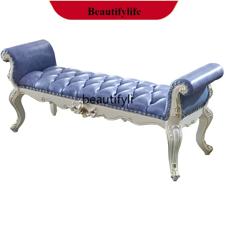 

D132 All solid wood European bedside stool bedroom shoe changing stool carved leather princess stool