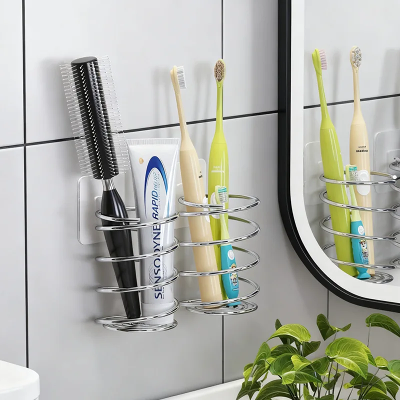 Stainless Steel Spiral Toothbrush & Makeup Brush Holder Wall Mounted For Bathroom Organizer for Vanity Countertop Space-Saving