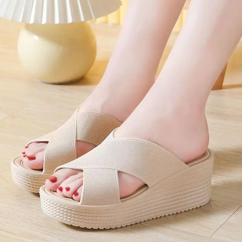 2024 Summer New Woman\'s One Word Hollow Wedge Slipper Thick Sole Non Slip Home Slip Outdoor Beach Slippers Bathroom Slippers