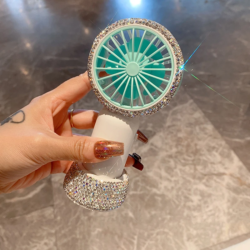 Handheld Fan with Rhinestones Fixation Seat Mini Travel Portable USB Rechargeable Silent Student Desktop Small Cooling Fan