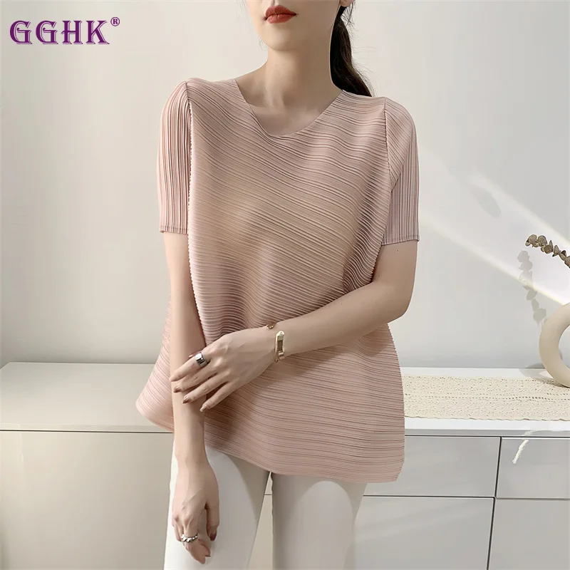 GGHK Miyake 2023 estate nuovi top pieghettati donna t-shirt irregolare manica corta girocollo urbano Casual vestiti pieghettati