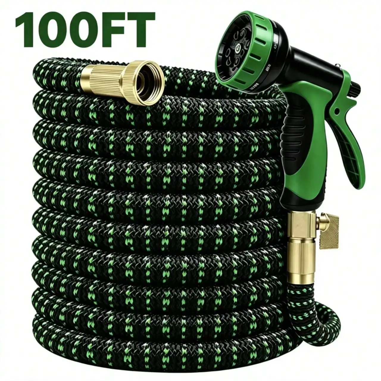 100FT Heavy-Duty Garden Rubber Hose With 10-Function Nozzle, Heavy-Duty Super-Strong Solid Brass Fittings, Outdoor Water Hose Fo