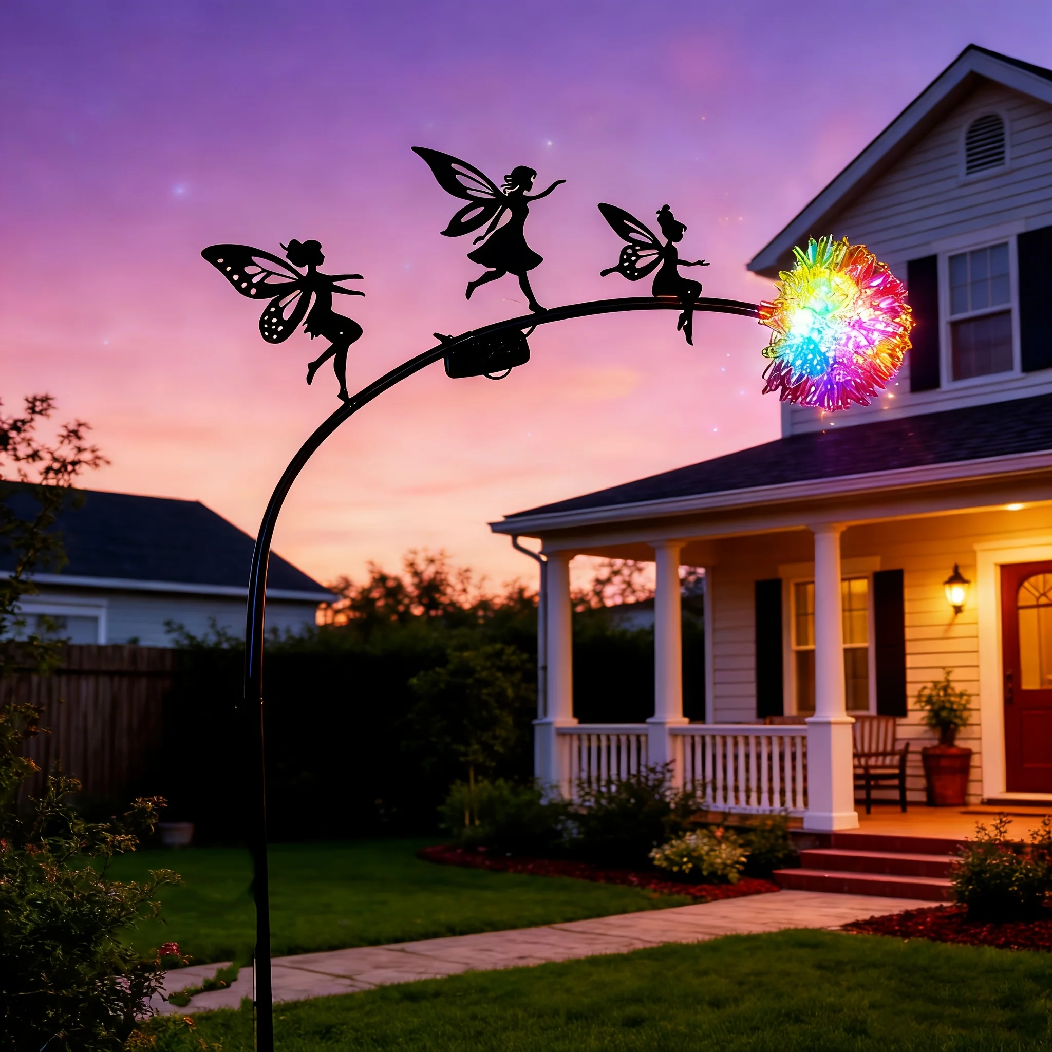 Metal Fairy Garden Statue with Solar Dandelion Light Outdoor Silhouette Stake Art Decor for Lawn Flower Bed Mother's Day Gift