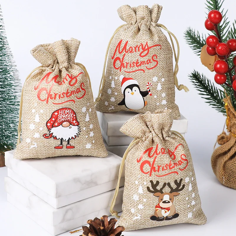 50pcs/Lot 10x15cm Merry Christmas Cartoon Linen Bags Presents Wrapping Bag Xmas Tree Ornament Christmas New Year Decoration