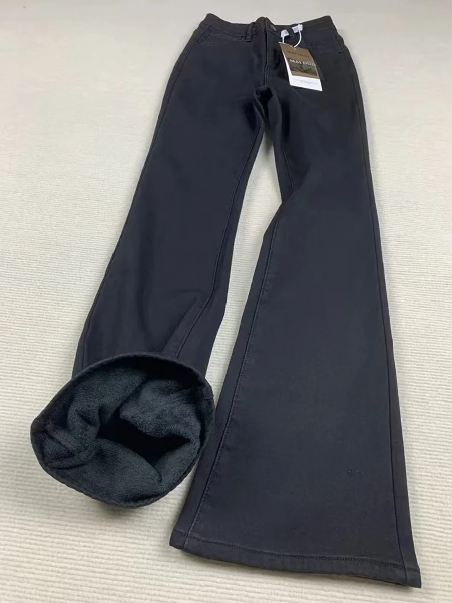 

Джинсы прямого кроя с подкладкой для полных женщин, с высокой талией, утягивающие, эластичные, с легким расклешением, зимние, хлопковые, стрейч...