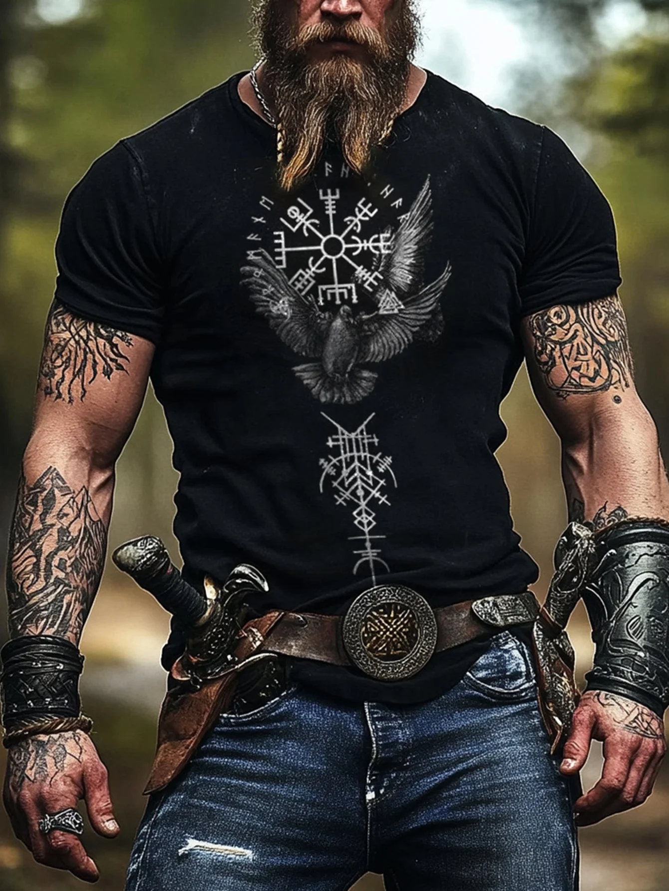 Nordic Warrior Viking Symbol 3D Print Red Short-Sleeved Retro Fitness Muscle Men's Top, Summer Men's Quick-Drying Sports T-Shirt