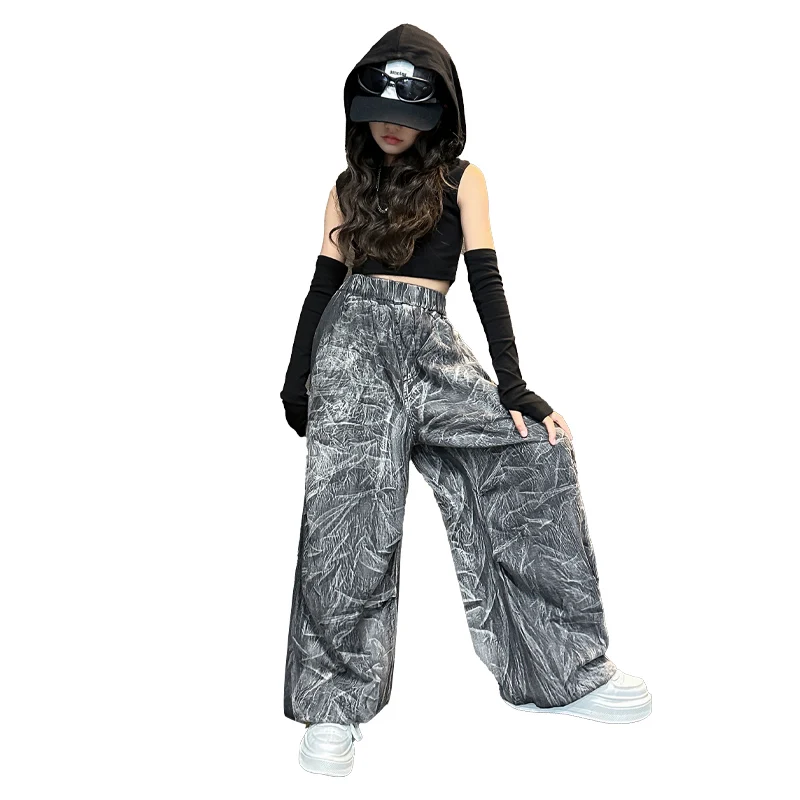 American teen Girl Hip Hop clothes Set tie-dyed fold Haren pants+cotton black arm protection hoodie 2pcs junior kid suit outfits