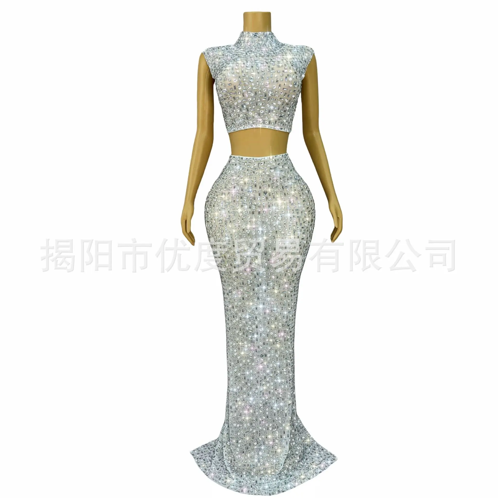 

Sexy Heavy Handmade White Rhinestone Mesh Dress Bar Party Night Performance White Shell Split Dress Evening Dresses Luxury Party