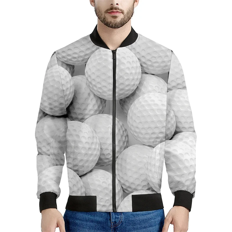 Casual Golf Ball Pattern Mens Jacket Spring Autumn Long Sleeve Outdoor Sports 3D Printed Bomber Jackets Loose Streetwear Coat