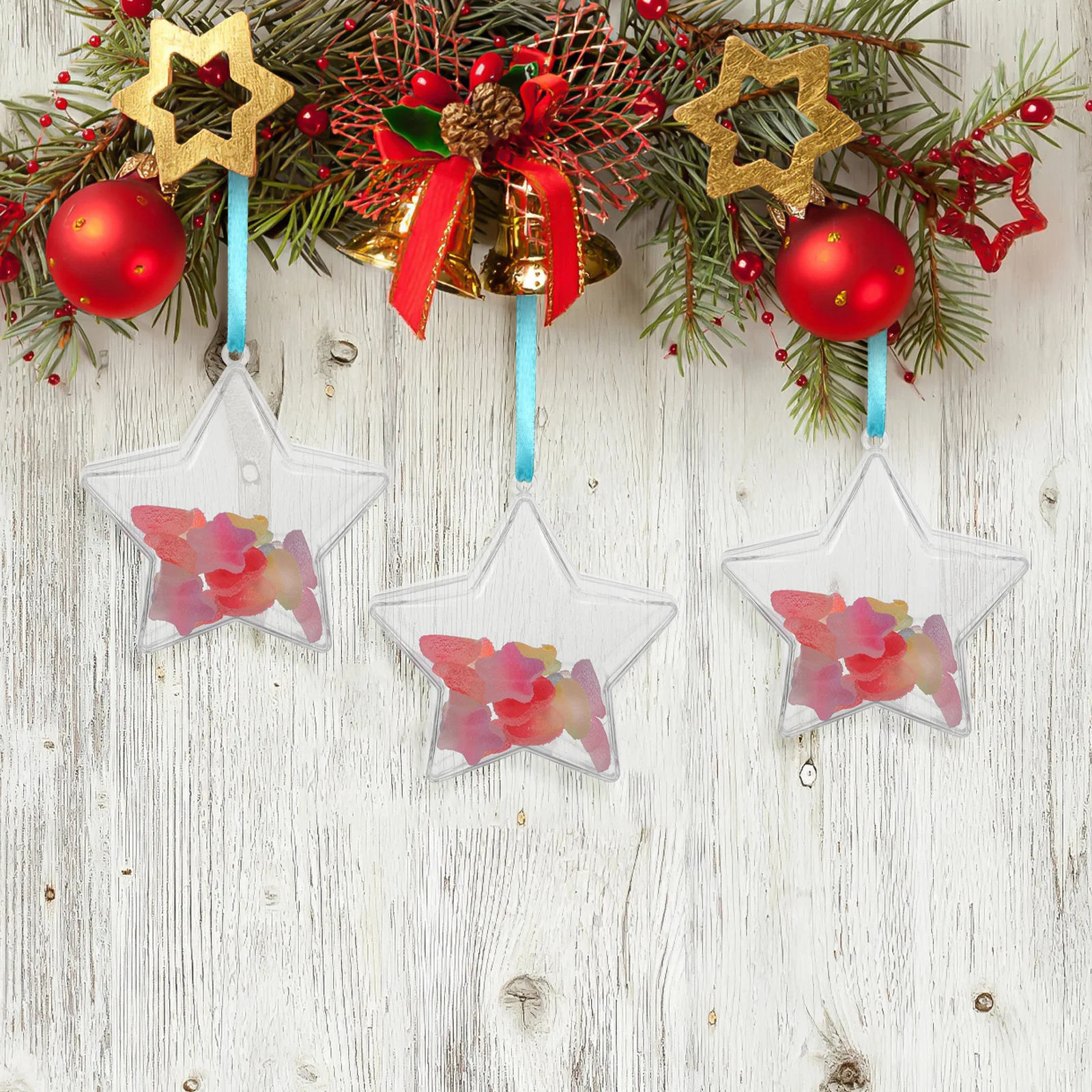 

25Pcs Transparent Star Shaped Candy Box Fillable Clear Plastic Bauble Hanging Decoration Christmas Party Favor Gift Container
