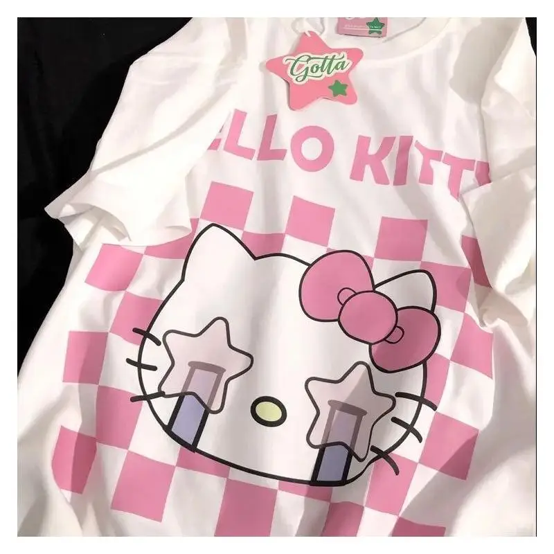 

Sanrio Hello Kitty women's T-shirt tops Short Sleeve Pilling Resistant Fabric Couples Summer New Color Blocking Checkerboard
