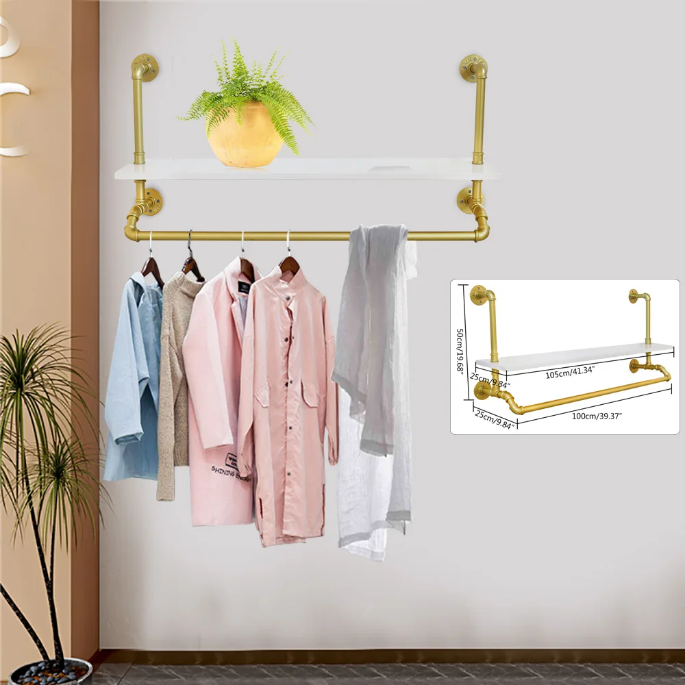 

Golden Wall Mounted Clothes Rack Industrial Style Shelves Closet Rods Pipe Garment Rack Closet Rods For Living Room Home Studio