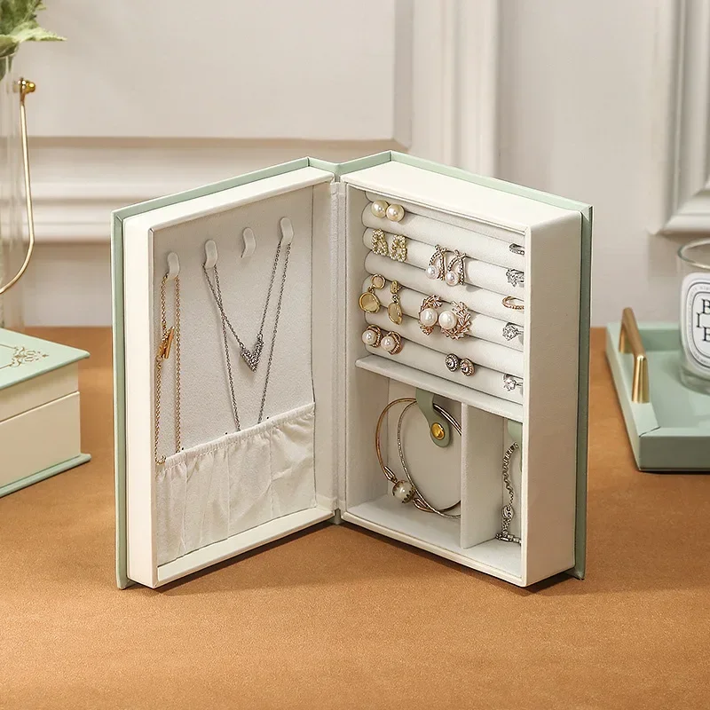 Flip Cover Book Shaped Jewelry Box For Earrings Ring Storage Holder Portable Leather Travel Home Portable Jewelry Case