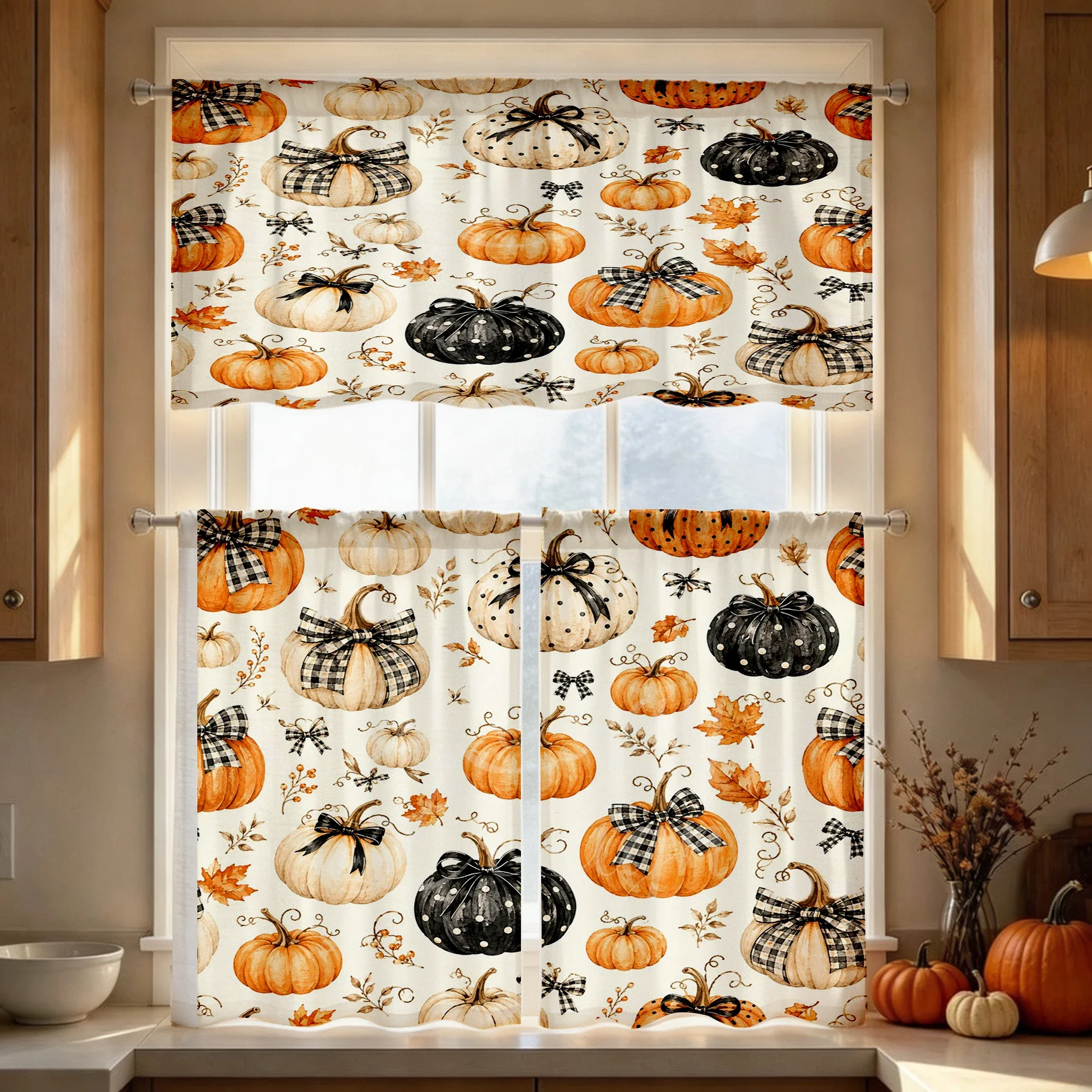 Thanksgiving Fall Kitchen Curtains, Black Pumpkin Bow, Digital Print, Kitchen Dining Room, Rod Pocket Polyester, Home Decor
