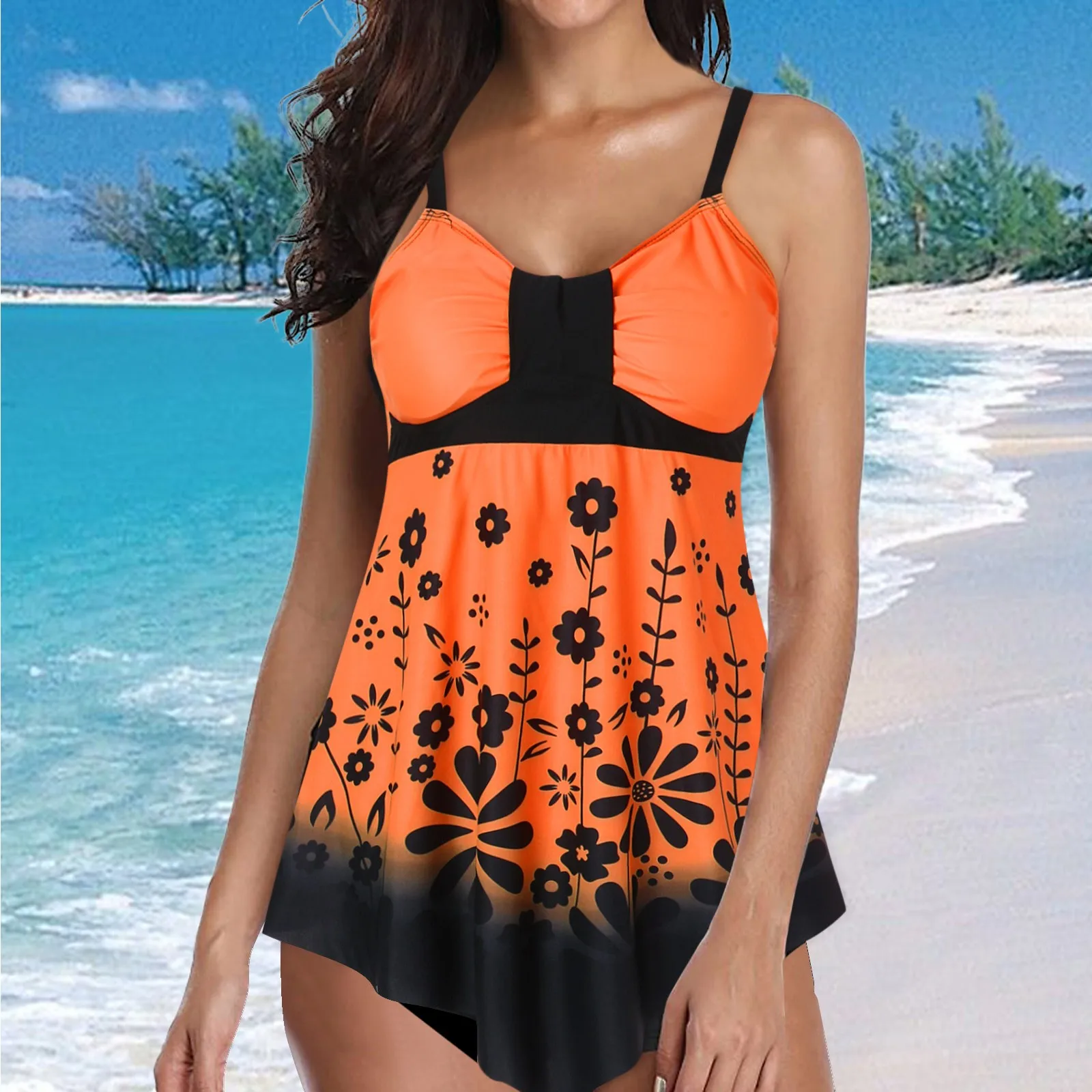 Split Swimming Dress Print Swimsuit Wear Set Conservative Printing Tankini Set Mujer Women Swimwear Suit Summer Beachwear