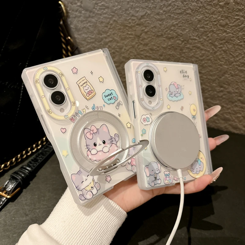 Case for Samsung Galaxy Z Fold 8 Ultra Dual axis IMD Cartoon Kitten Elephant Love Heart Magnetic Bracket Mobile Phone Case Cover