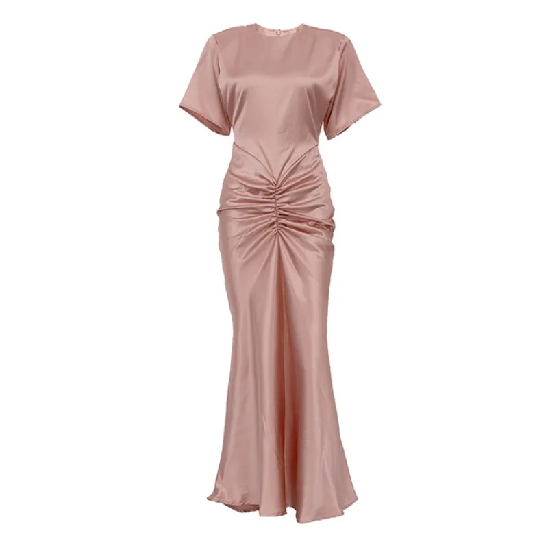 Elegantes 2026 Damen Satin Meerjungfrauen-Cocktailkleid Sommer Rundhals Kurzarm Gerafftes Hochgeschnittenes Bodycon Abendkleid – Detail 4