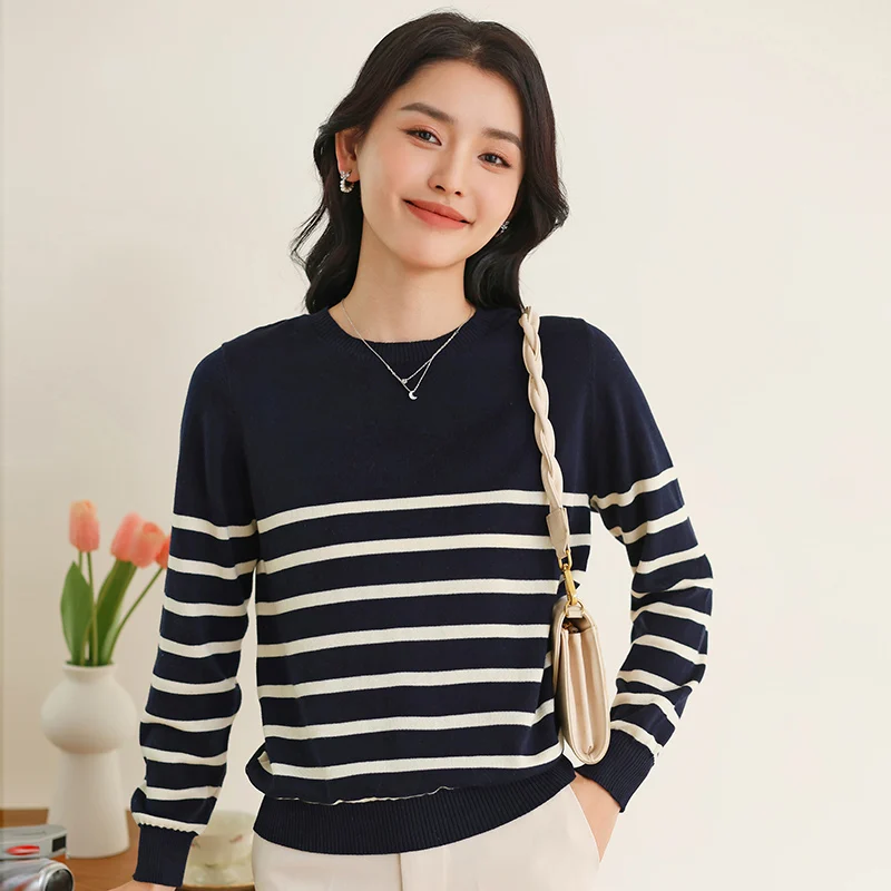 

Spring/Autumn New 100% Cotton Women's Long Sleeve Sweater Casual Striped Knitted pullover Round Neck Tops Loose Pull Jumper