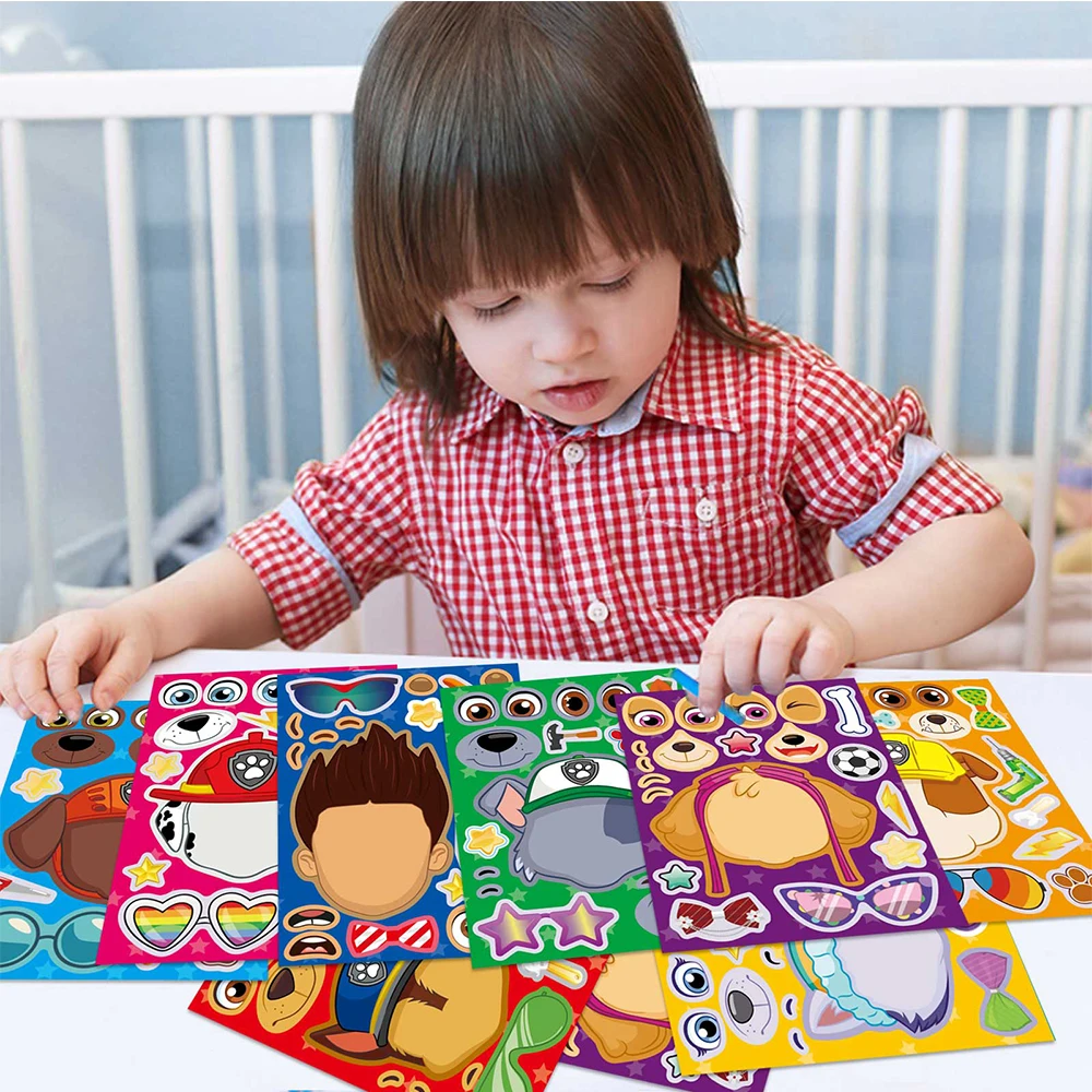 8/16Sheets Cute PAW Patrol Puzzle Stickers Chase Make-a-Face Assemble Funny Cartoon Decal Anime Assemble Jigsaw Kid Sticker Toys