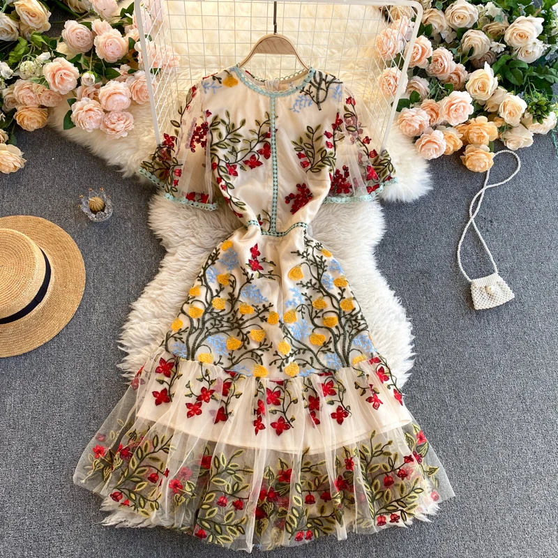 

New 2021 Fashion Runway Summer Dress Women's Flare Sleeve Floral Embroidery Elegant Mesh Hollow Out Midi Dresses