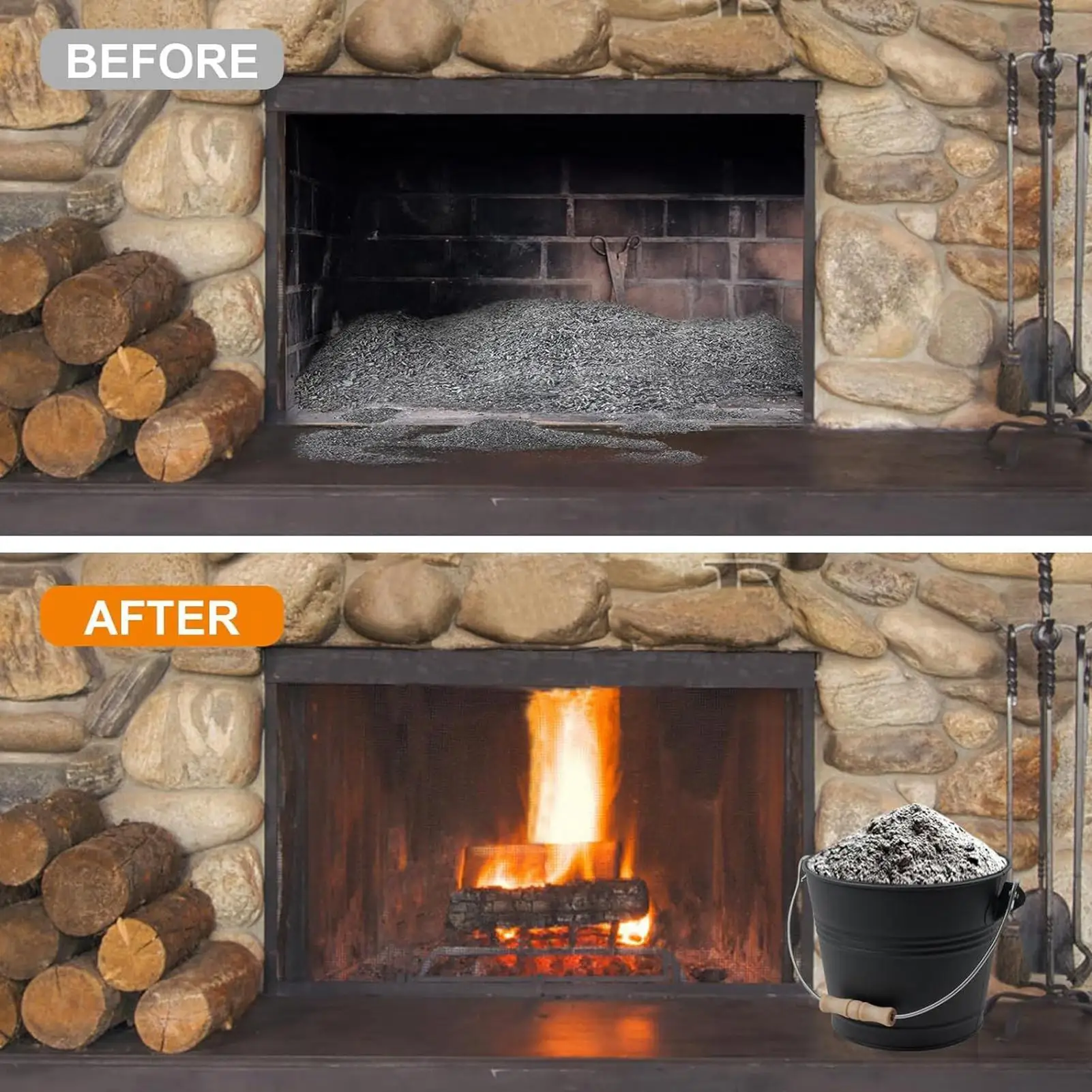 Cubo para cenizas para chimenea, accesorios portátiles para estufa de leña, cubo para cenizas para chimenea con pala, escoba de mano para hoguera al aire libre