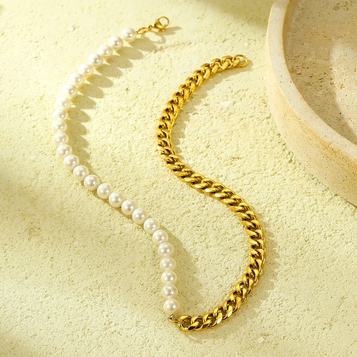 New Hip Hop 316L Stainless Steel Cuban Chain Half Pearl Necklace for Women Men Vintage Kpop Heavy Thick Aestethic DIY