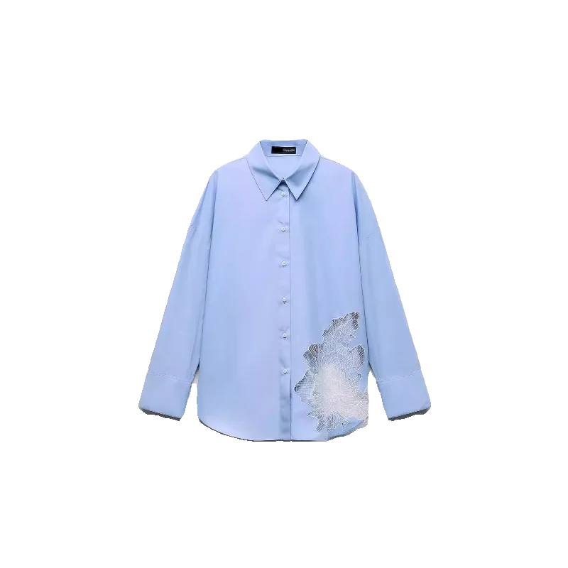 

Spring 2024 Women's Versatile Long Sve Loose Embroidered Flower Decorated antung irt Casual Sle Loose Fit Classic Co...