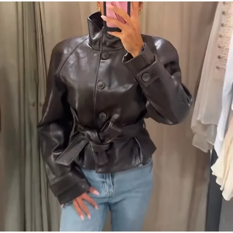 Guobioziy Glossy Shoulder-Patch Faux Leather Jacket with Belt Padded Shoulders 2026 Fall Women's Fashion Casual Leather Coat