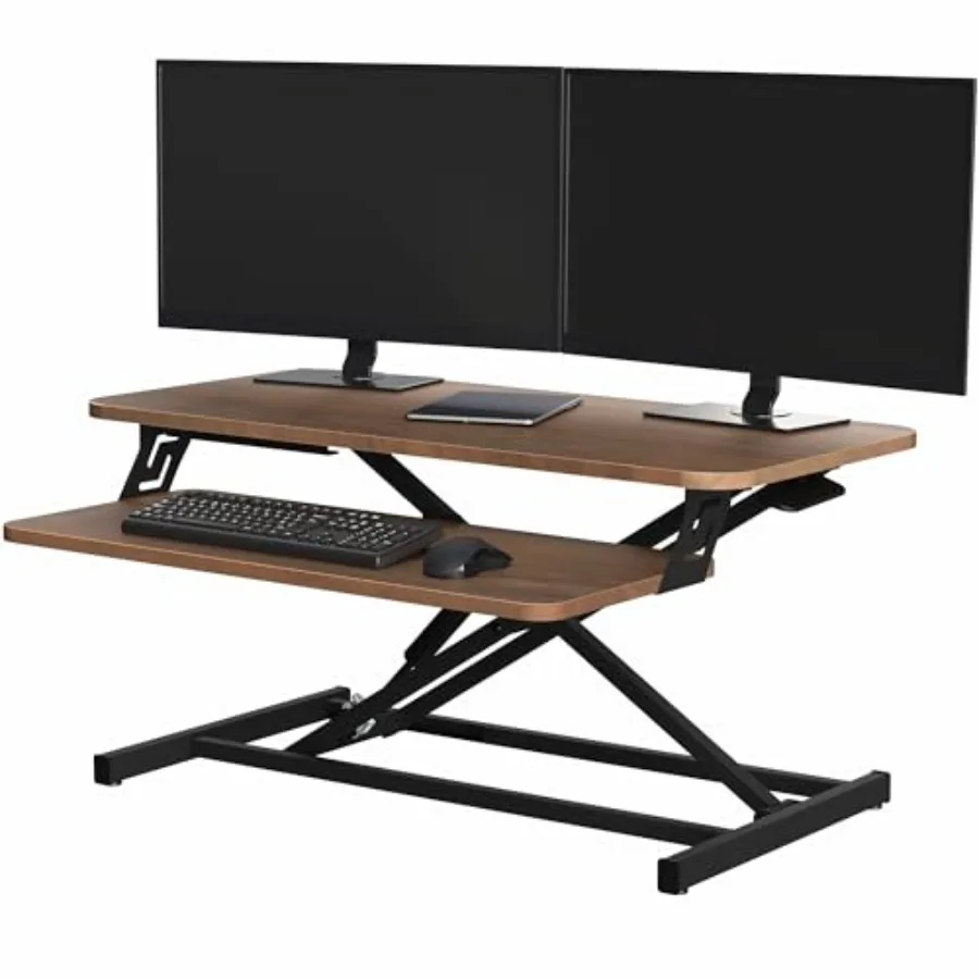 32 inch Standing Desk Riser for home office use, aluminum alloy construction, matte black finish, height-adjustable with dual-m